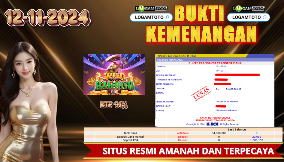 SELAMAT KEPADA MEMBER SETIA LOGAMTOTO BERHASILMENDAPATKAN  JACKPOT DI PERMAINAN SLOT WILD BANDITO